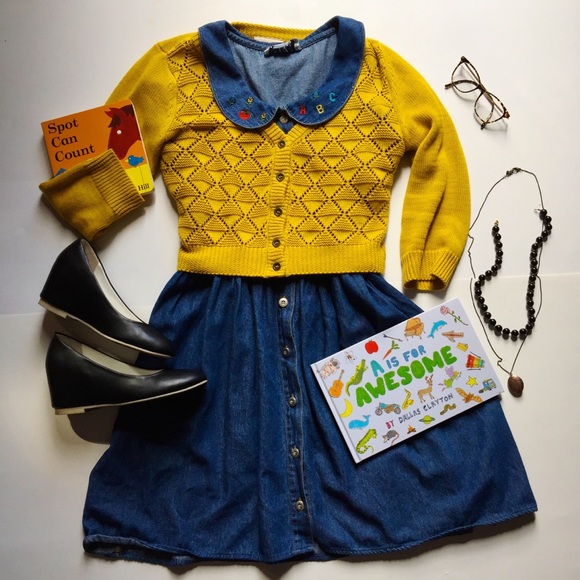 Vintage Dresses & Skirts - Vintage School Themed Embroidered Denim Dress